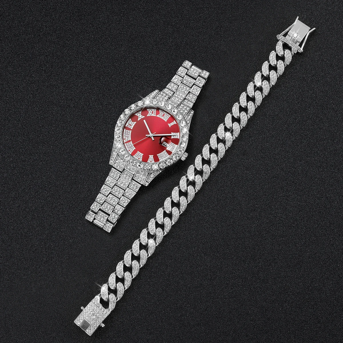 Montre à quartz à bande d'acier avec bracelet en argent pour homme, ensemble de diamants de luxe, mode hip hop, 2 pièces par ensemble