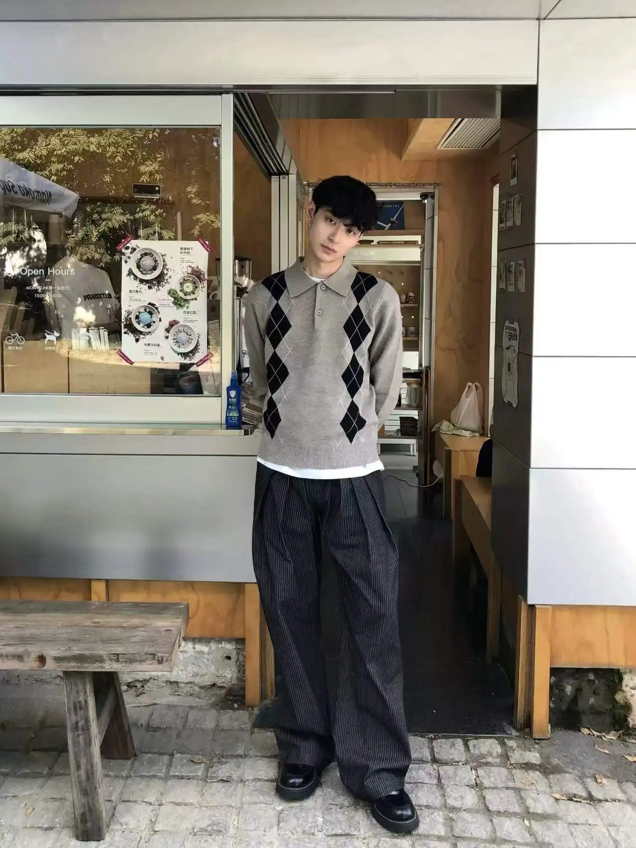 

American Retro Knitted Ne Sweater Men's Autumn Winter Casual Versatile Long Sve Diamond Patterned Sweater