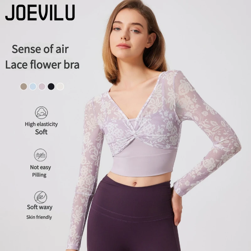 

Lace Sports Long Sleeve T-Shirt Women's Yoga Wear Tops with Chest Pads Mesh Yarn Quick Drying Slimming Fitness Tops