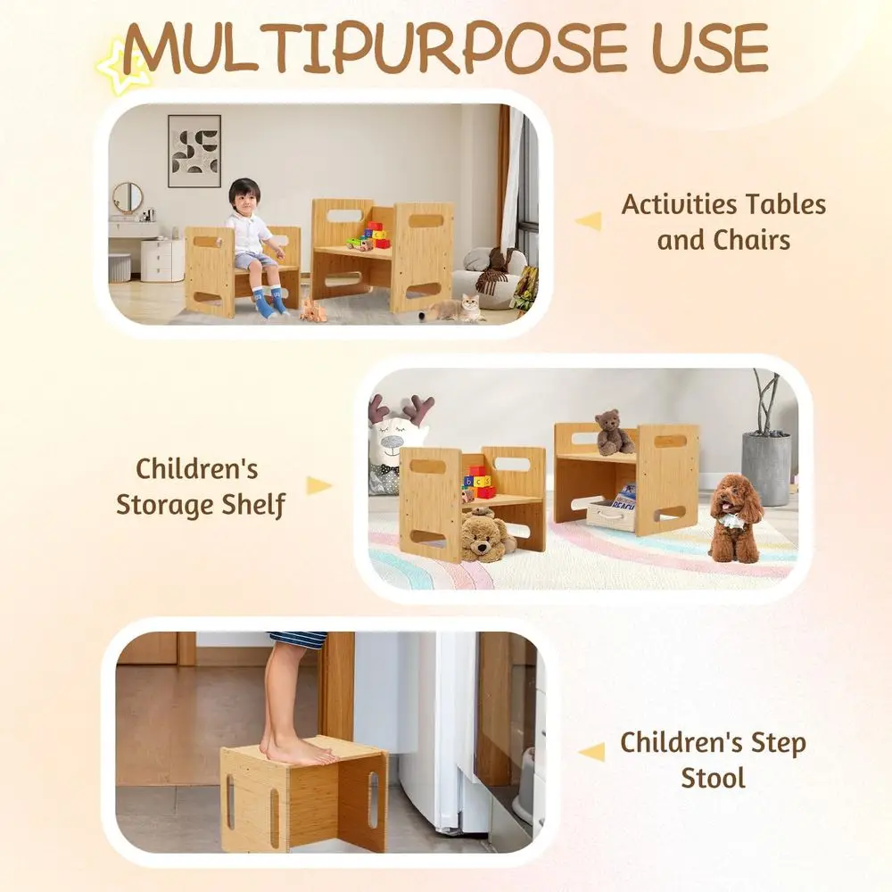 Grande tavolo e sedia Montessori in bambù per bambini: altezza regolabile per leggere, cene e giocare