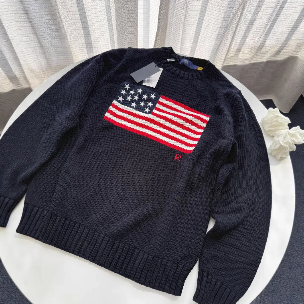 Patrón de bandera de EE. UU. bordado para Otoño Invierno suéter de algodón grueso de gran tamaño Jersey Casual hombres mujeres Jumper suéteres de punto
