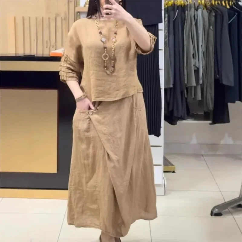 

Модный топ с круглым вырезом и половиной рукавов + юбка с нерегулярными карманами, комплект из 2 предметов для женщин, летний уличный однотонный повседневный женский костюм