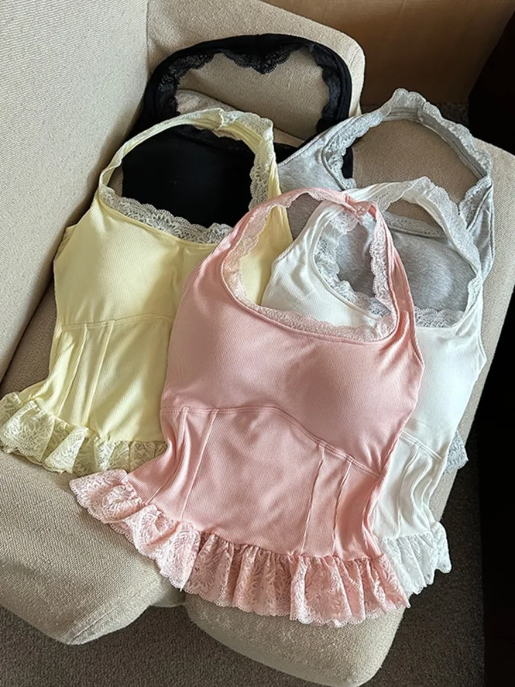 

Pure Desire Sweet Lace Trim Strap Vest Women Spring Autumn New Style with Chest Pad Inner Short Neck Hanging Tube Top Shirt