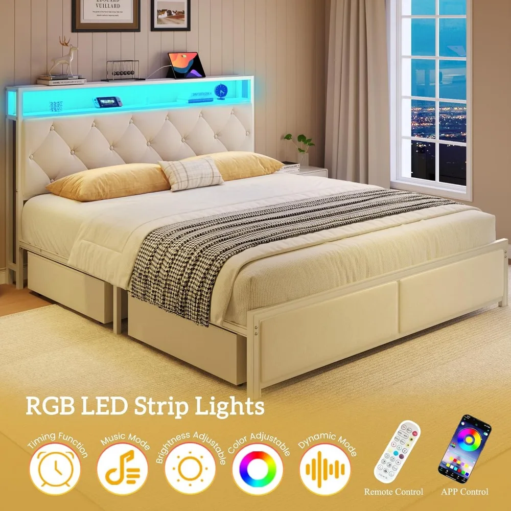 Queen Bed Frame with Headboard, Storage Drawers, Fast Charging Station, Led Lights, Bed Frame Queen Size with Fabric Drawers