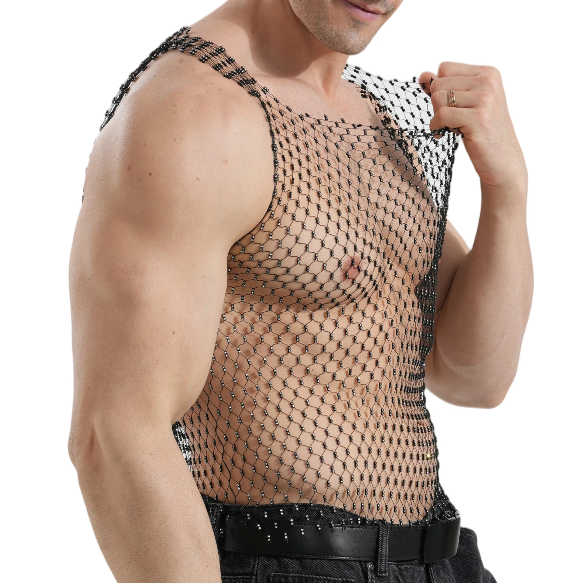 High Stretchy Rhinestone Mens Vest Sexy Hollow Out Fishnet Muscle Tank Tops See-through Men's Clothing For Stage Performance