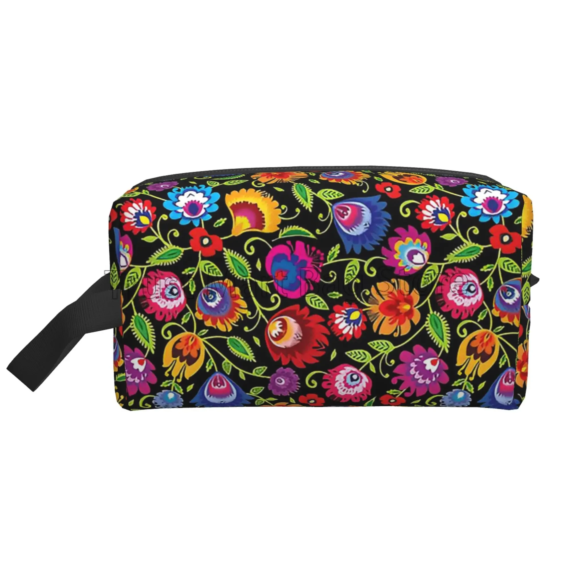 Poland Polish Flowers Floral Folk Art Travel Storage Bags Vintage Makeup Pouch Large Cosmetic Bag Women Portable Toiletry Bag