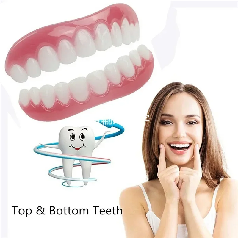 Upper Row White Simulation Teeth 2Pcs, Silicone Flex Dentures Veneers with Fitting Paste Tools