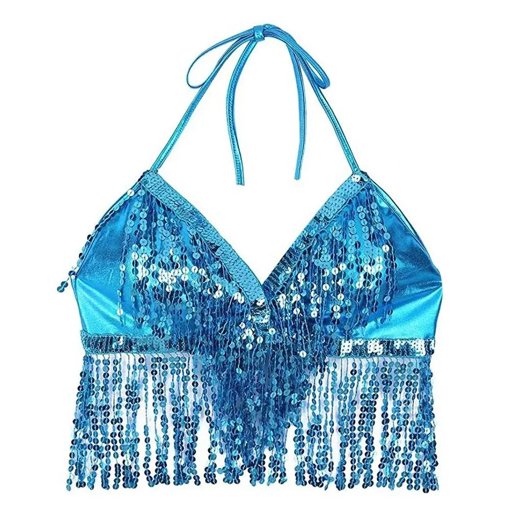 Costumes de spectacle de paillettes pour boîte de nuit, haut de Performance, soutien-gorge de danse du ventre, col licou