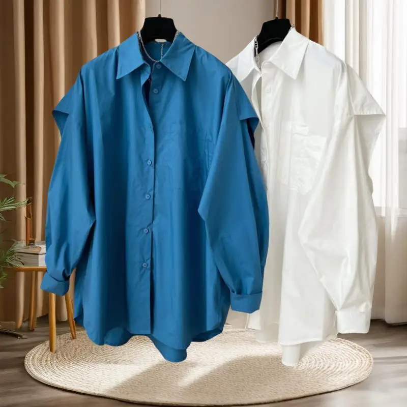 

Ladies Loose Long Sve Cotton irt Early Autumn Windbreaker Sle Fake Two-Piece Outerwear High-End Feeling Collar Bu...