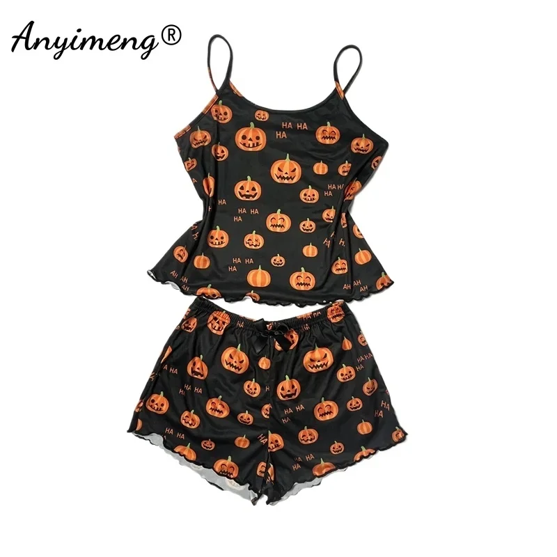 Halloween Tank Top Shorts Female Prumpkin Nightie Summer Spaghetti Strap Pajamas Set for Women Sexy Lingerie Sleeveless Pijamas