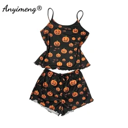 Halloween Tank Top Shorts Female Prumpkin Nightie Summer Spaghetti Strap Pajamas Set for Women Sexy Lingerie Sleeveless Pijamas