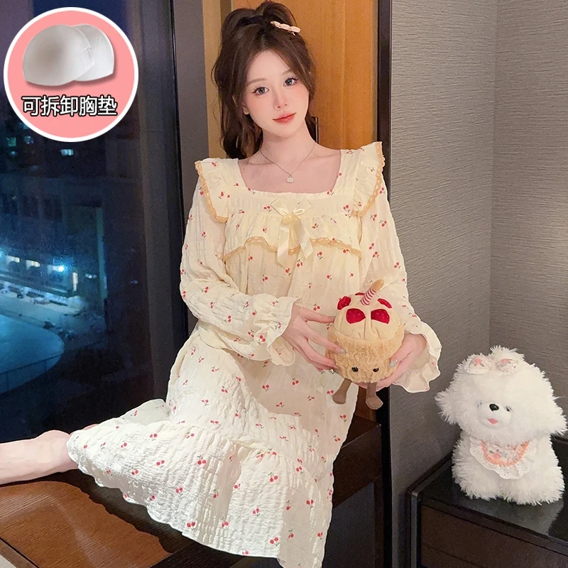 

2025 Autumn Sweet Princess Long Sleeve Cotton Print Nightgown for Women Korean Cute Sleepwear Night Dress Nightdress Home Nighty