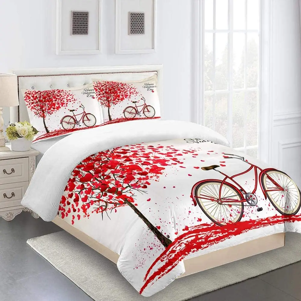 HUANZHUANG king duvet cover 3D Red Tree Bicycle duvet cover king zipper closure Patterned Duvet Cover King Size with 2 Pillow