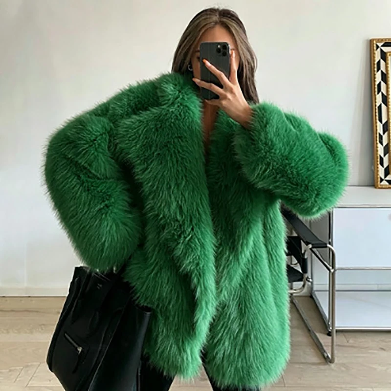 Bright Green Faux Fox Fur Coat Women Oversized Lapel Loose Fluffy Furry Jacket 2026 Winter Warm Luxury Streetwear Outerwear