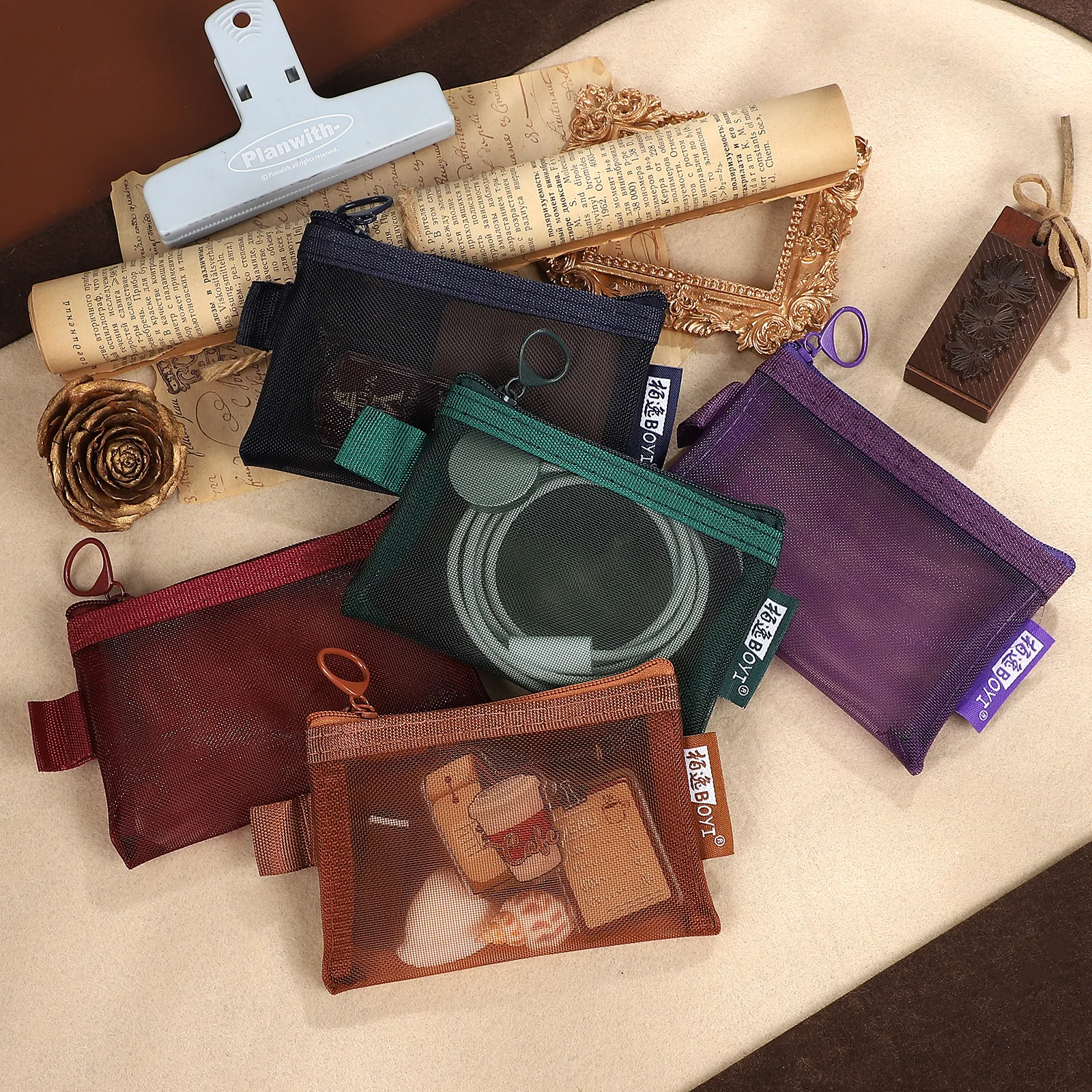 

5 Pcs/set Vintage Colorful Transparent Mesh Nylon Storage Bag Creative DIY Journal Material Collage Student Supplie Stationery