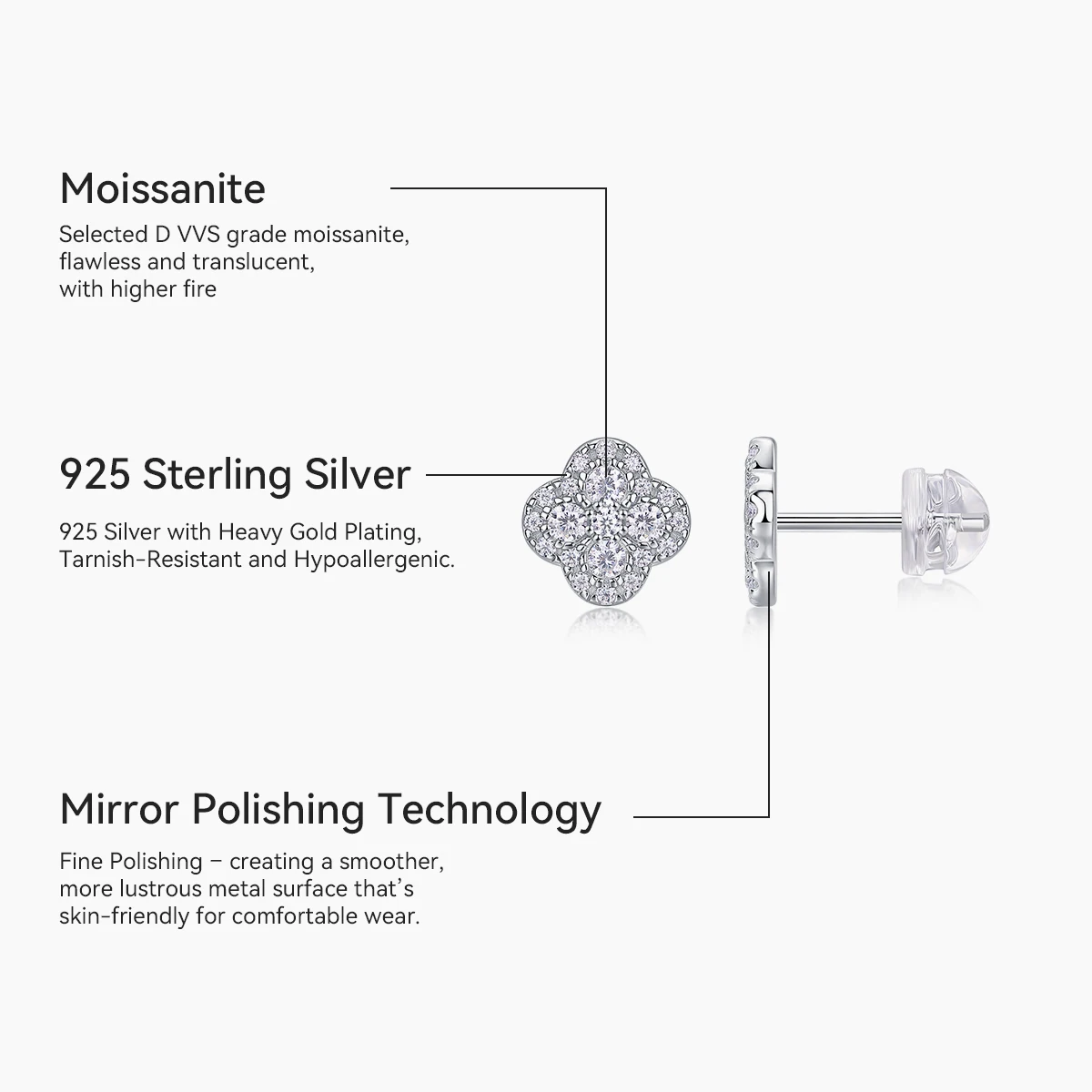 Kfvanfi Moissanite certified 925 sterling silver four-leaf clover women's earrings plated with white gold banquet luxury jewelry