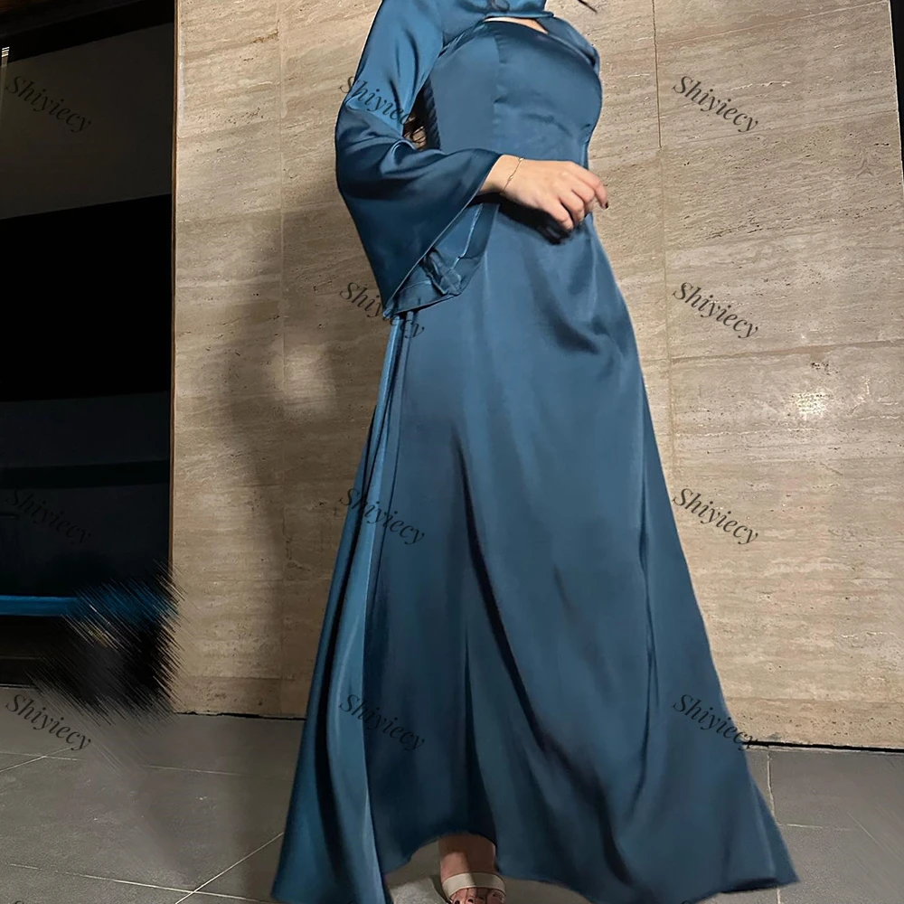 Vestido de baile cetim mangas compridas, Arábia Saudita, comprimento do chão, pregas, decote alto, vestido de festa, azul escuro, 2022