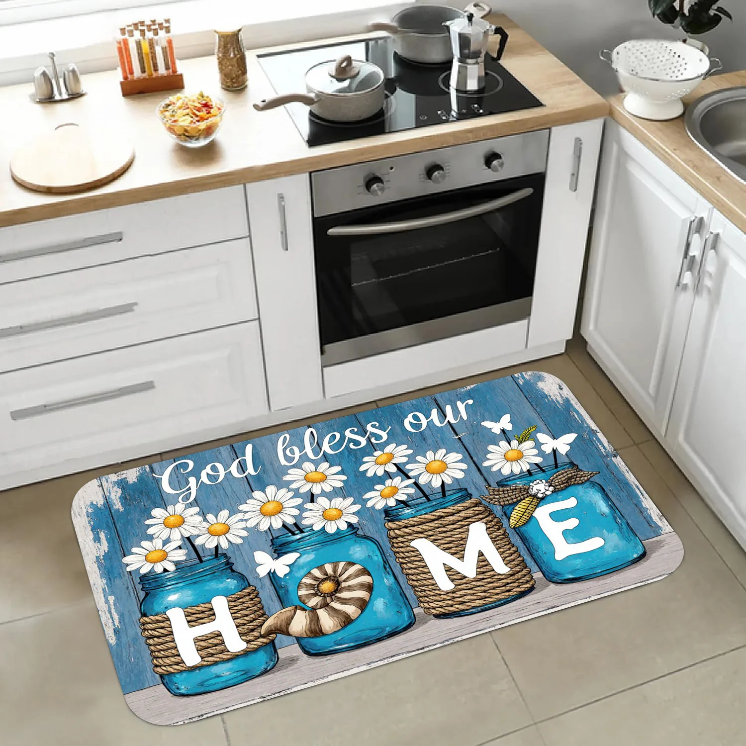 Vintage Farmhouse Kitchen Rug  Yellow Sunflower Glass Jar Letter Design God Bless Our Home Country Style Entry Floor Mat