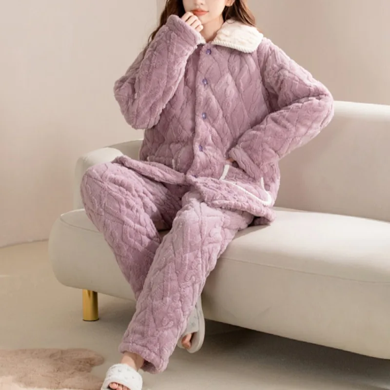 2024 New Winter Women's Pajamas Three Layers of Cotton Plush Thickened Warm Sleepwear Jacquard Velvet Loungewear Casual Homewear