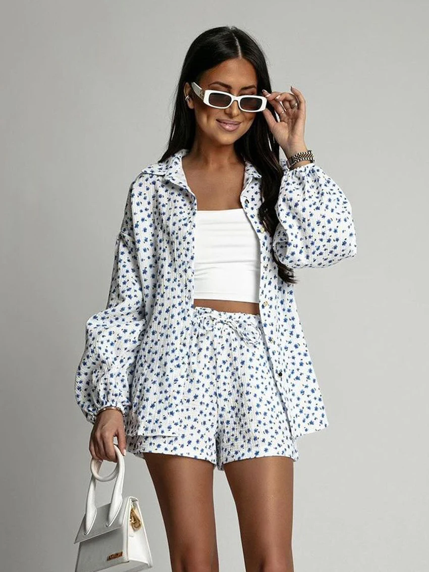 

Marthaqiqi Loose Printing Ladies Pajama Suit Long Sleeve Nightgown Turn-Down Collar Sleepwear Shorts Casual Female Nightwear Set