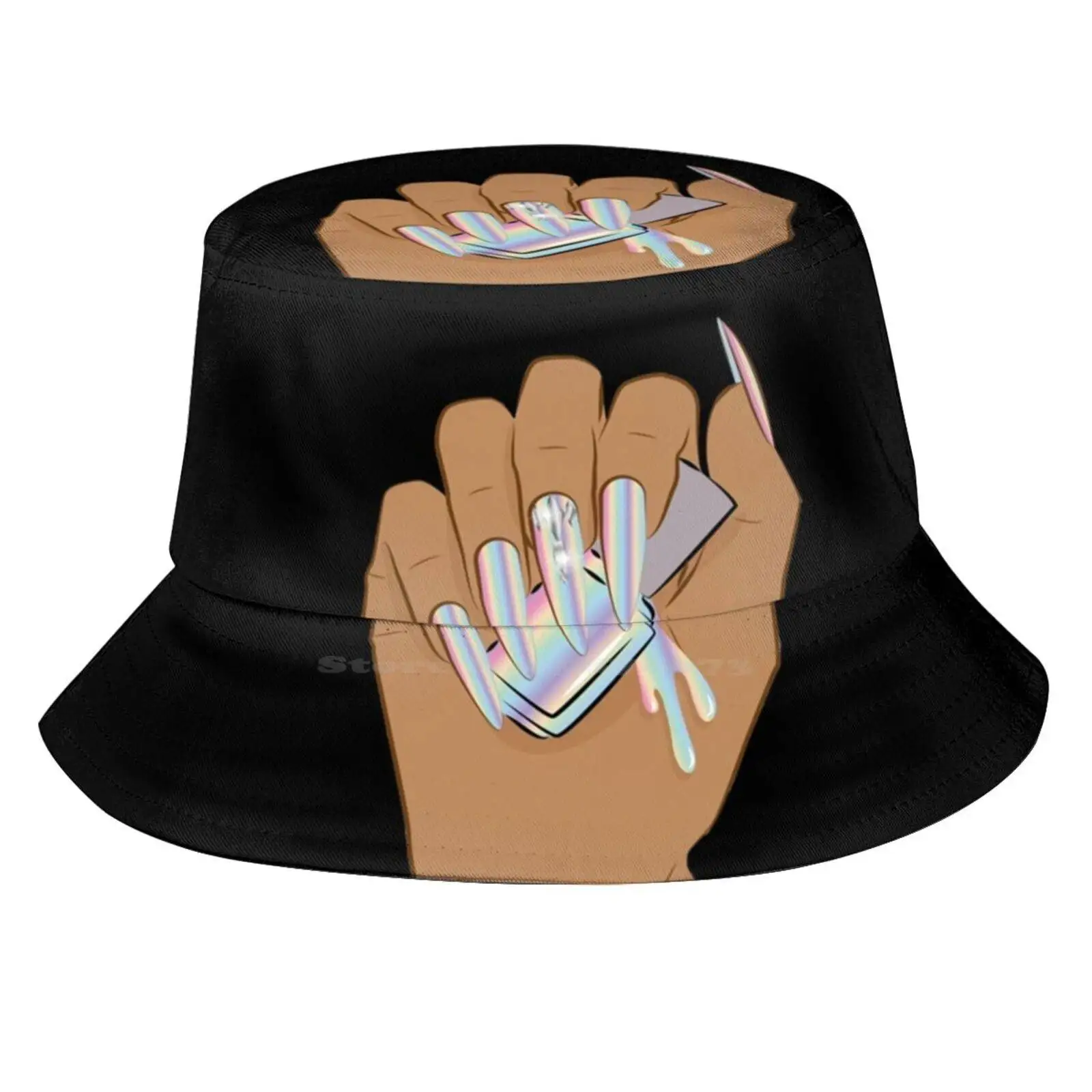 Long Nails Holographic Sun Cap Fisherman Hat Bucket Hats Nail Technician Nails Salon Manicure Woman Hand Long Nails Girly Girl