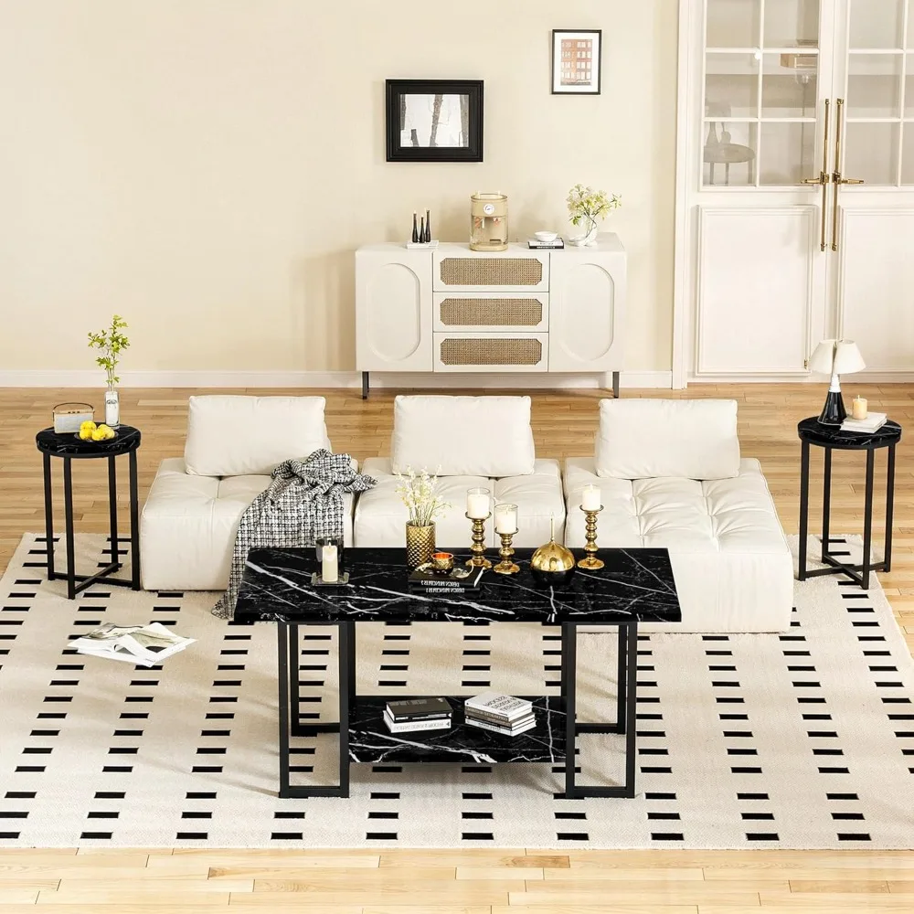 3-Piece Living Room Table Set: Faux Marble Coffee Table and 2 Round End Tables with Metal Frame