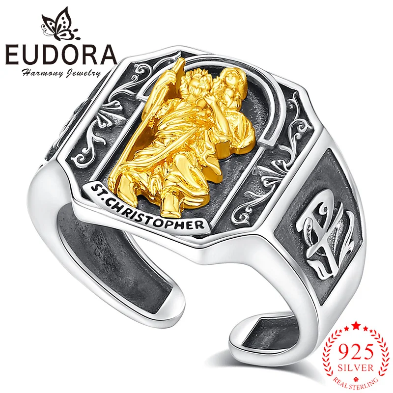 

Eudora 925 Sterling Silver Saint Christopher Ring Religious Amulet Aune Ring Christian Jewelry Gift for Men Women