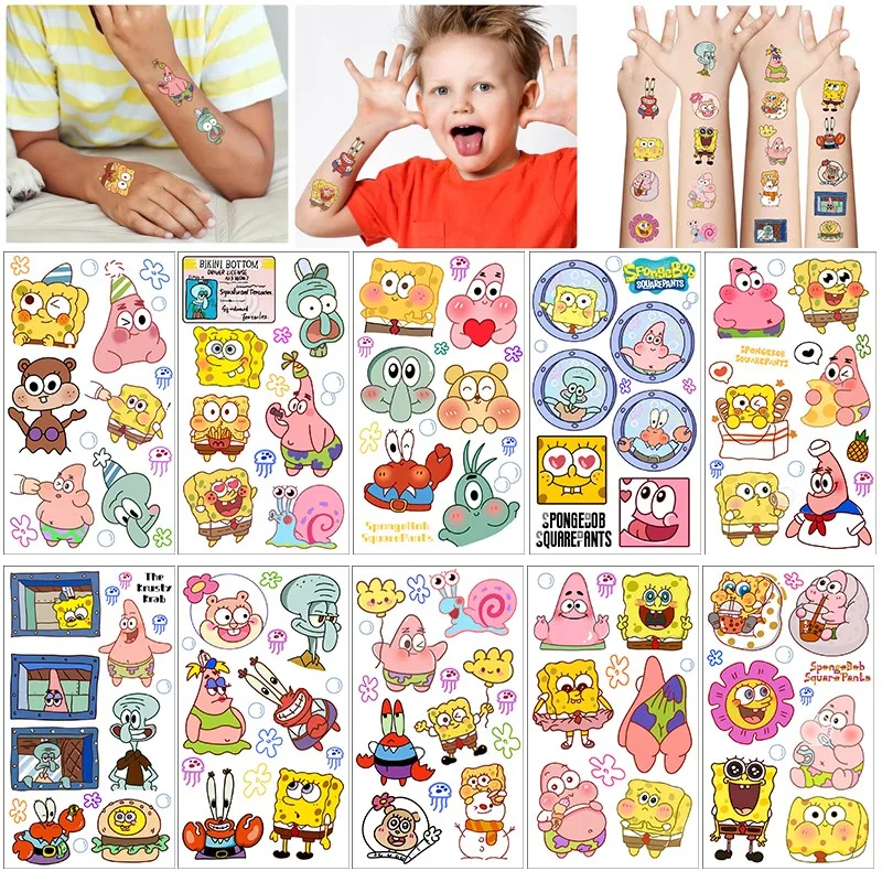 Dos desenhos animados Bob Esponja Tatuagem Temporária Etiqueta, Body Art Adesivos, Cosplay Party Toys para Crianças, Presentes de Aniversário, Novo, 10pcs por conjunto