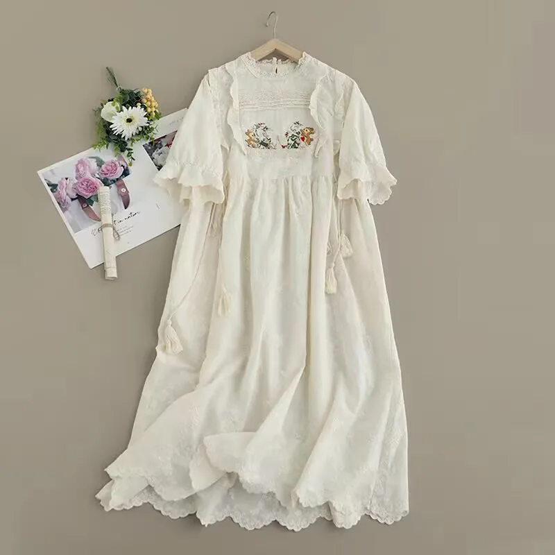 Cotton Embroidered Dress Short Sleeve Solid Color Women Summer Dress Japan Mori Girl  Vestidos