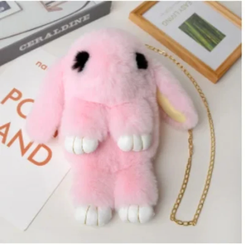 Cute Fluffy Rabbit Fur Pompoms Chain Bag Women Cartoon Rabbit Sling Bag Fluffy Bunny Shoulder Plush Backpack Girl Birthday Gifts