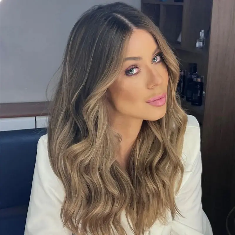 Natural Hair Synthetic Blend 10% Human Hair Wig Brunette Brown Blonde Wig 13x4 hd lace frontal wig Fashion money piece wig 20''