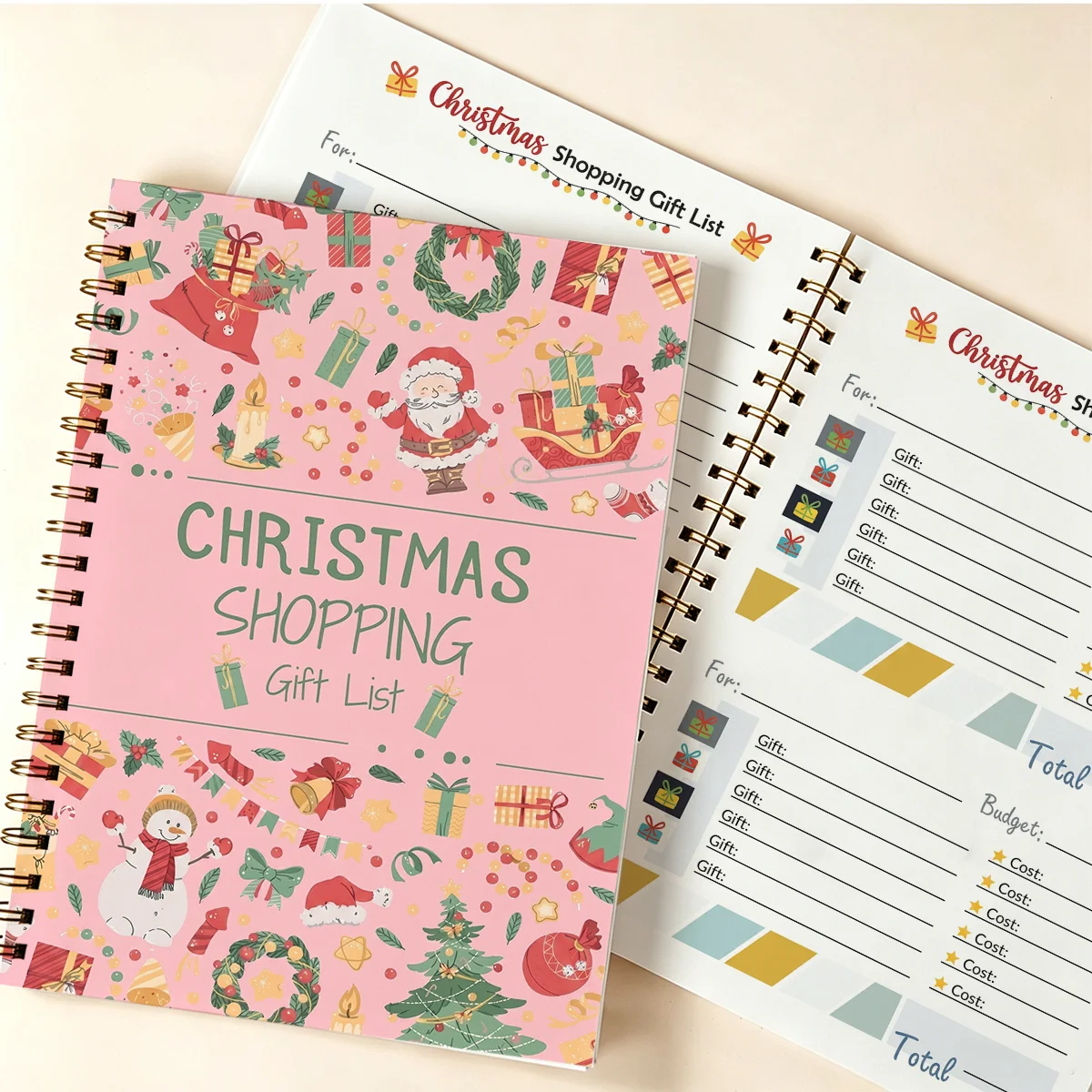 Christmas Shopping Gift List Spiral Notebook Xmas Holiday Gift Planner Journal Santa Snowman Pattern Present Checklist Organizer