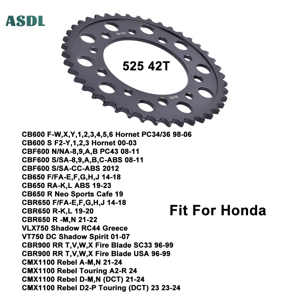 

525 42T Motorcycle Carburized Steel Rear Sprocket for Honda CB600 Hornet CBF600 CB650 CBR650 VLX750 CBR900RR CMX1100 Rebel