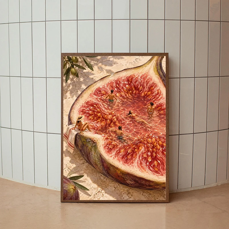 Surreal Grapefruit Olive Pool Poster Split Fig Art with Tiny Swimmers Canvas Painting Print for Living Room Home Decor Cuadros