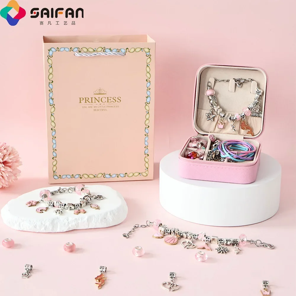 1 conjunto de pulseiras de contas requintadas, acessórios diy de contas de meninas, conjunto de materiais de caixa de presente infantil, acessórios de pulseira, contas