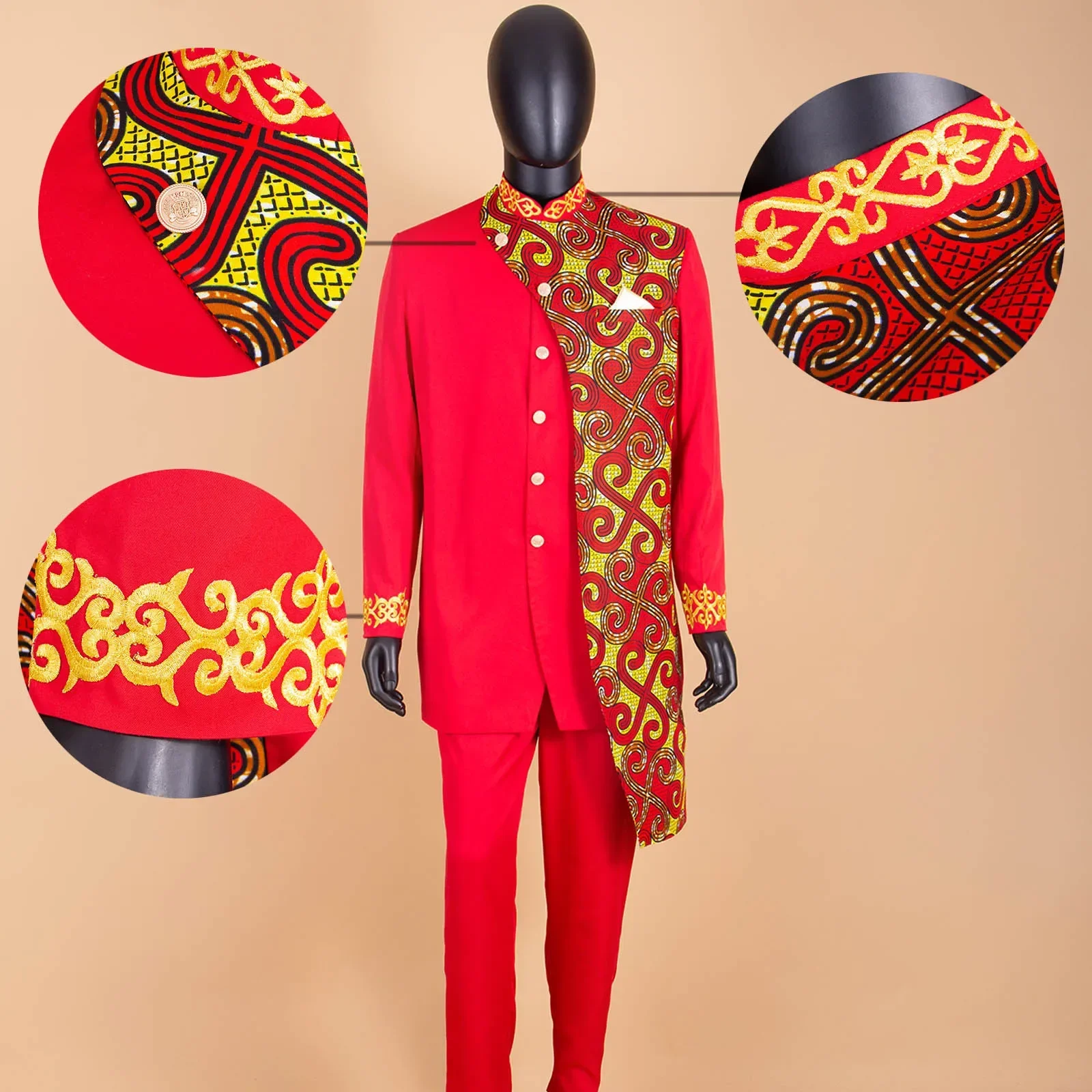 Men`s Suit Slim Fit Embroidery Single Breated Print Blazer and Pants Set Business Dress Suit African Clothes A2316024