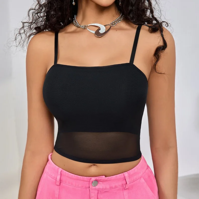 

1 шт., укороченный топ с сетчатым корсетом, женский лоскутный топ без рукавов, с открытыми плечами, летняя уличная одежда, тонкие топы на бретельках
