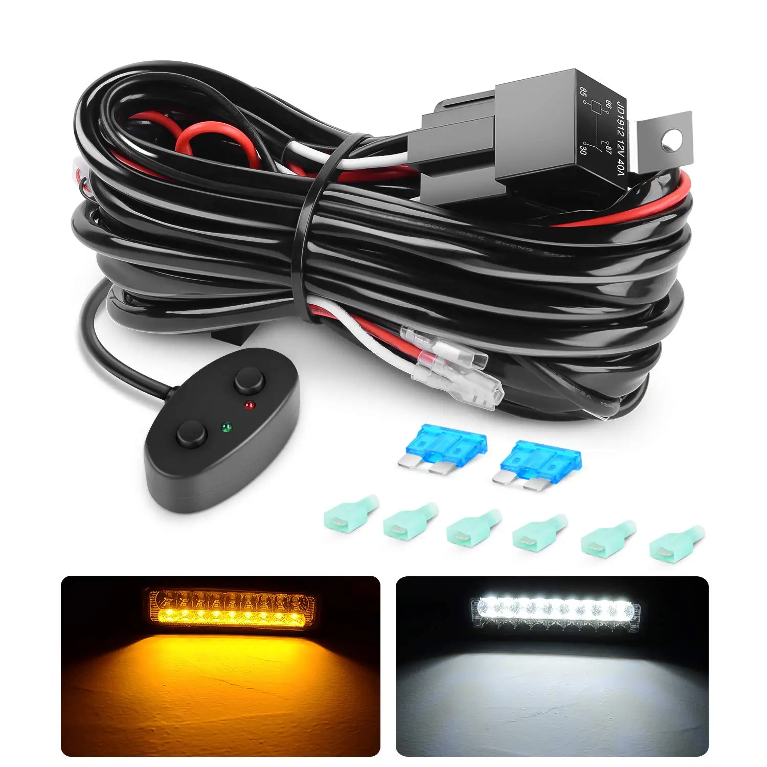 Nilight 10031W Amber White Dual Color Light Bar Wiring Harness Kit 16AWG with 12V Relay 15A Inline Blade Fuse Push Button Switch for Offroad Driving Light, 2 Leads