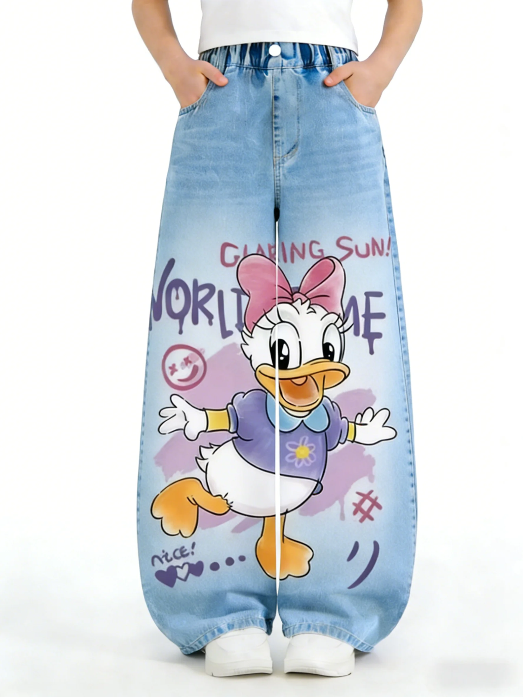 

Джинсы для девочек с изображением Дональда Дака от Disney, мягкие длинные брюки, модный деним в корейском стиле для девочек