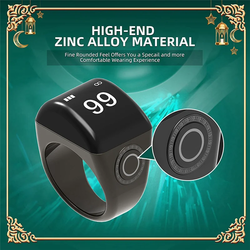 ELEC-Zinc Alloy Smart Ring+Charging Box Waterproof Digital Counter APP Controlled Display 5 Prayer Time Reminders