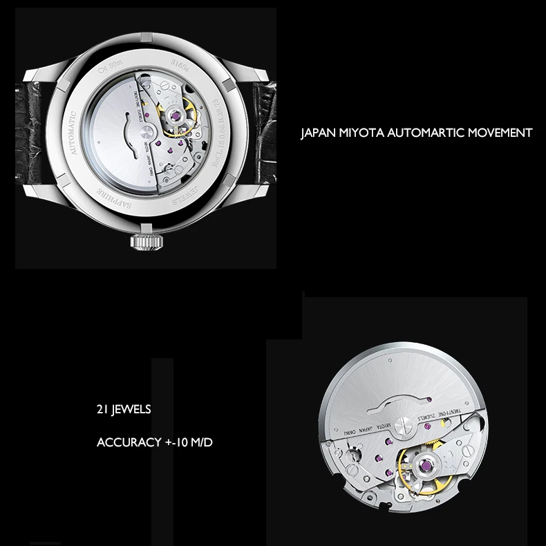 LOBINNI Orologi automatici da uomo 40MM Orologio di lusso 50M Orologio da polso meccanico impermeabile Cinturino in pelle zaffiro Quadrante semplice Data