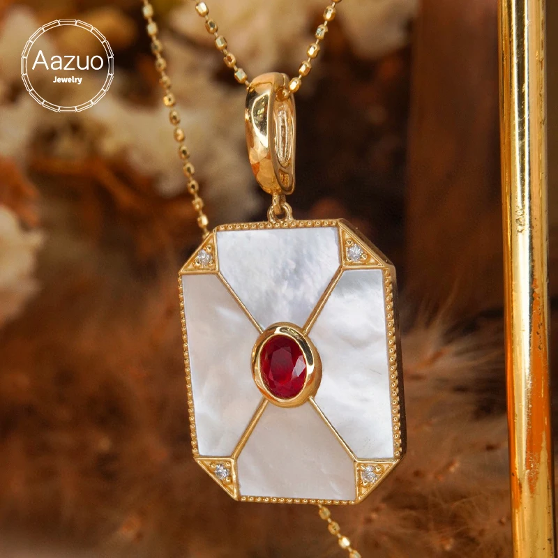 

Aazuo 18K Yellow Gold Natural Ruby Mop Real Diamond Classic Square Pendent With Chain Necklace Gifted For Women Birtthday Party