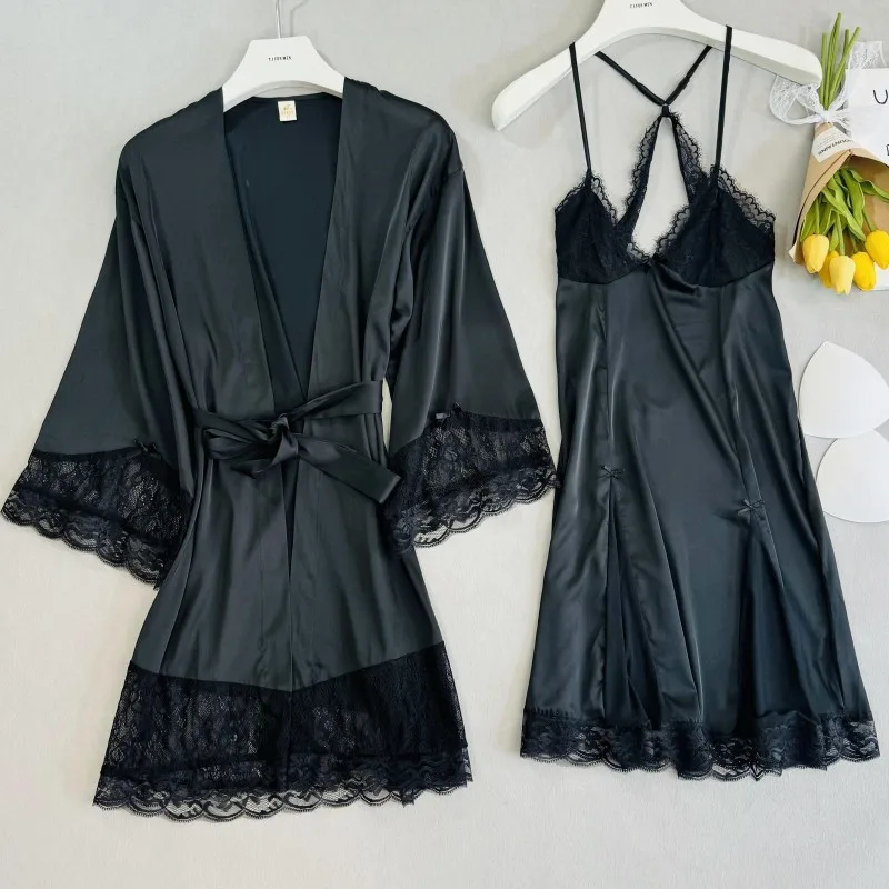 green robe sexy Lace patchwork nightgown elegant bride wedding dress set soft ice silk homewear loungewear intimate lingerie view 3