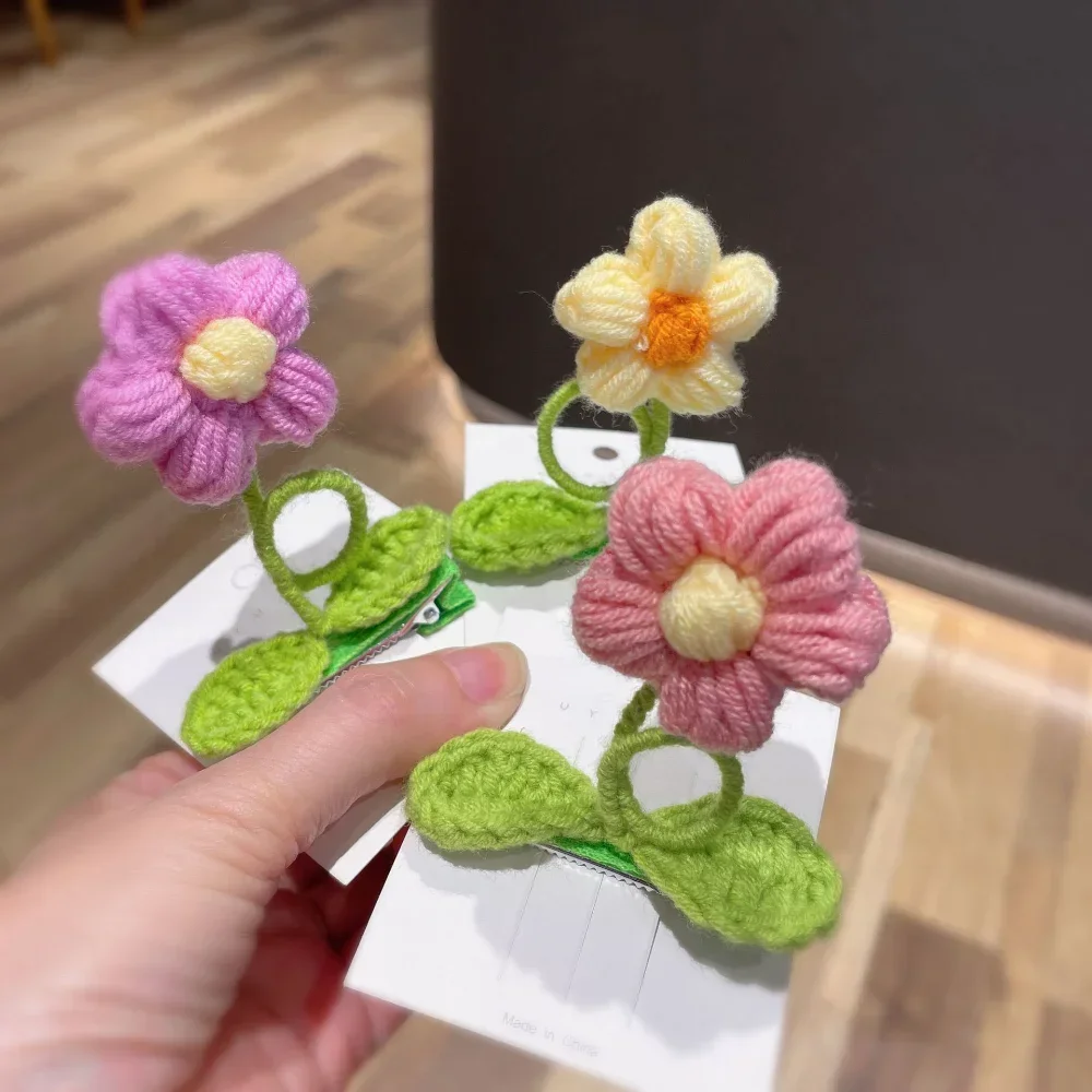 Handmade Knitting Wool Hair Clips for Children Creative Flower Interesting Alligator Headwear Girls Kids Hair Accessories