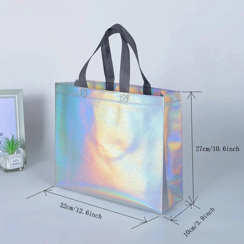 1/5/10 قطعة الليزر الفضة قابلة لإعادة الاستخدام هدية حمل أكياس التسوق البقالة حقيبة التخزين المنزل لوصيفات العروس حفلة عيد ميلاد لوازم الزفاف #2