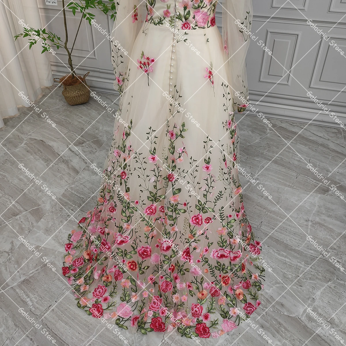 Plus Size Wedding Wildflowers Embroidered Colorful Customized Fairytale Dress Long Puffy Sleeves Sweetheart Cocktail Gowns