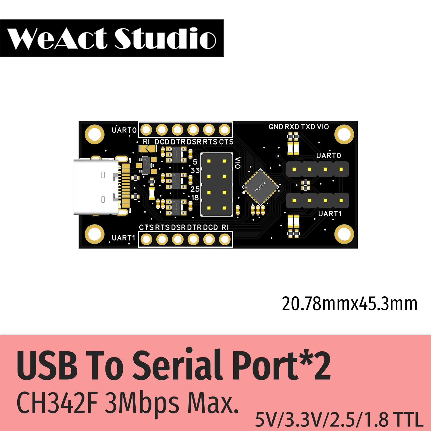 WeAct CH342F USB to 2-way TTL Serial Module Supports 1V8 2V5 3V3 5V Power  3Mbps Max