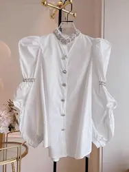 New In Embroidered Flares Stitch Button Up Cotton Blouses Shirts For Women's Long Sleeve Mid-Length White Sweet Shirt Top