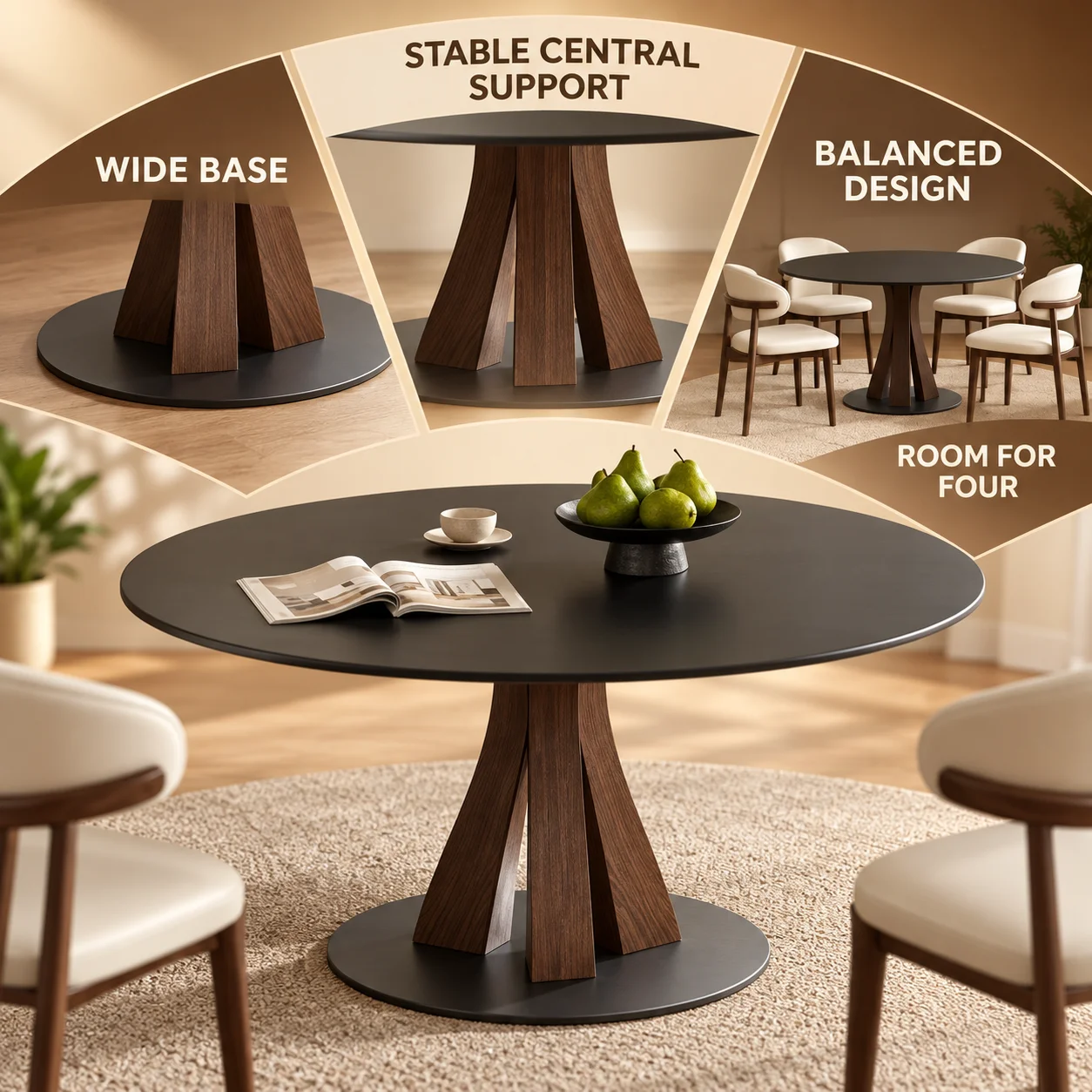 Artistic Round Sintered Stone Dining Table, Curved Walnut Wood Base, Modern Minimalist Kitchen Dining Room Furniture