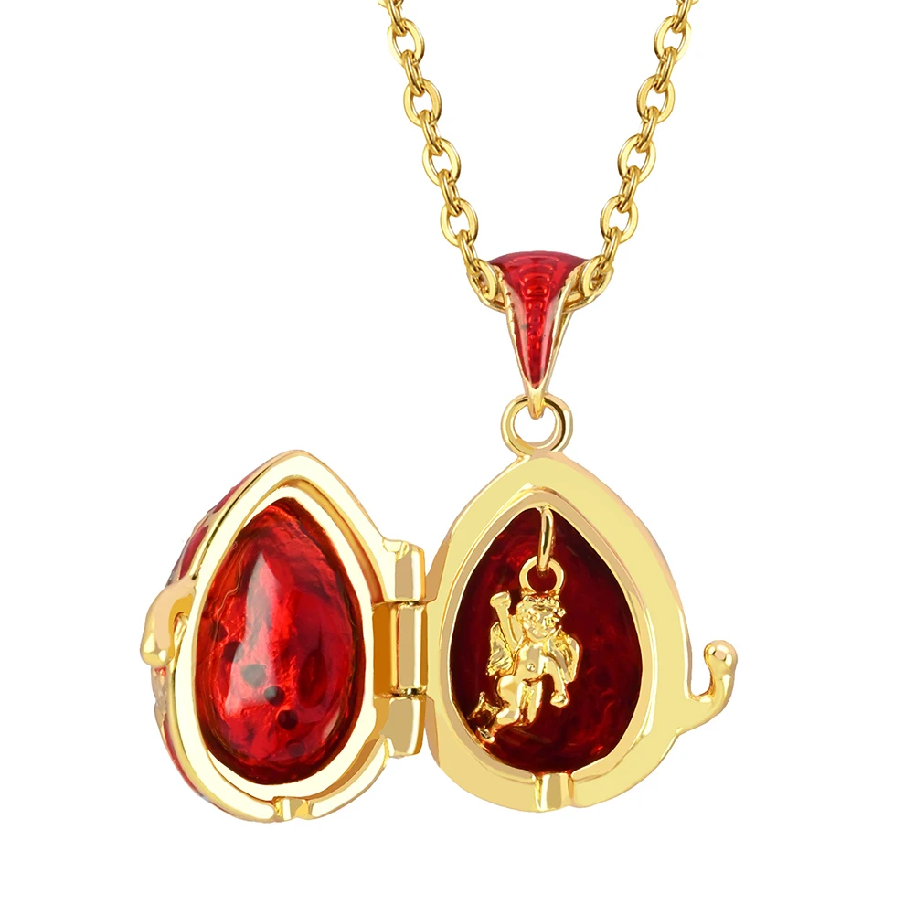 YAFFIL Can Open Brass Enamel Handmade Ladybird Inside Vintage Egg Pendant Women Luxury Charm Crystal Gift Necklace